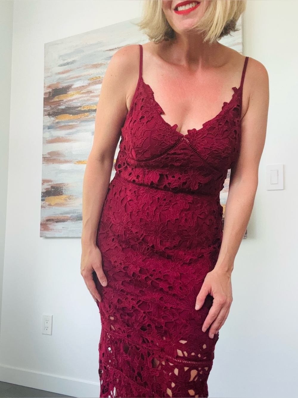 MATTY M Burgundy Lace Midi Portrait Dress Size Medium